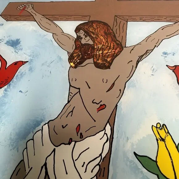 Vintage 1977 Attica Prison Inmate Folk Art Hand Painted Glass Jesus Crucifixion - Picture 2 of 16